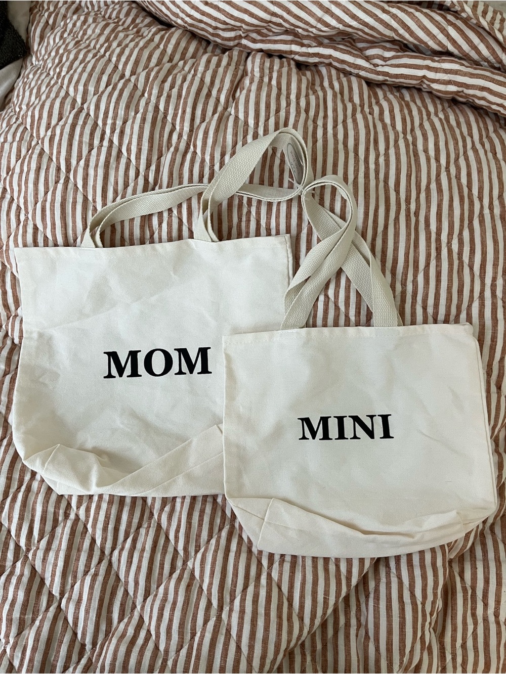 Mom & Mini Canvas Tote Set in Cream with Black Text